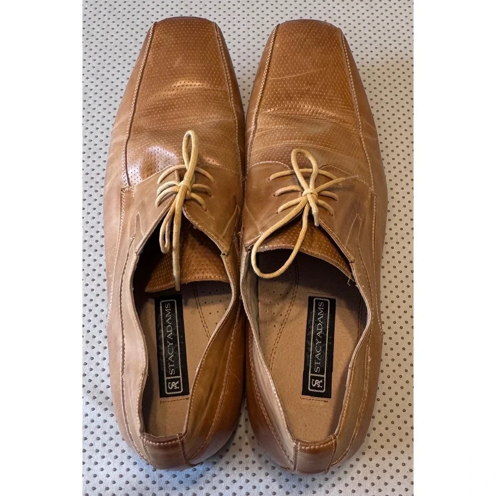 Stacy Adams Mens Dress Shoes Tan Cognac Leather Perforated Square Toe Oxford 13M